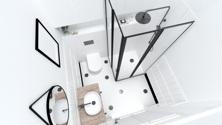 kleines Badezimmer in weiß wirkt größer mit schwarzen Akzenten