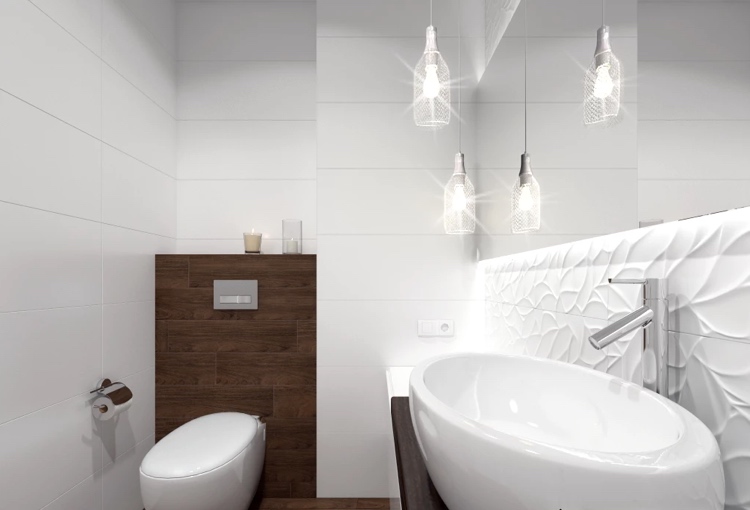 modernes Badezimmer in Braun und Weiß gestaltet mit Pendelleuchten über Waschtisch