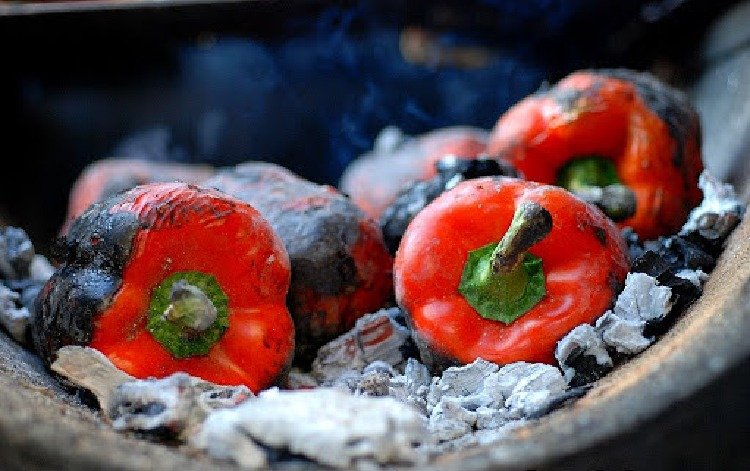 rote paprika in holzkohle direkt grillen