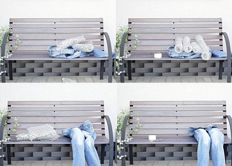 Anleitung für das Jeanshosen Recycling - Hosenbeine mit Luftpolsterfolie ausstopfen