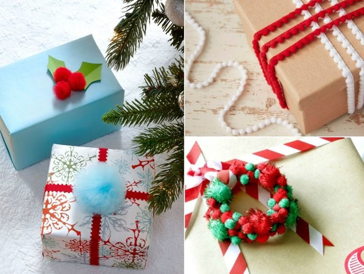 Bastelideen für Weihnachtsgeschenke im Winter - Kranz aus Bommeln, Bommelbänder und Mistelzweig