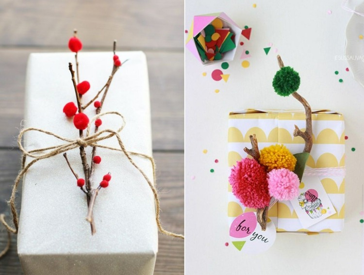 Basteln mit Bommeln und Zweigen für fröhliche oder minimalistische Geschenkdeko