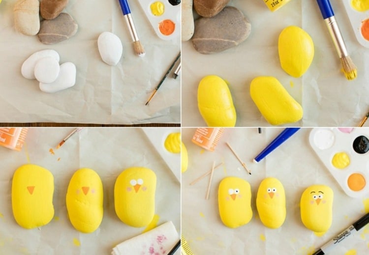 Einfach Steine bemalen Anleitungen für gelbe Küken zu Ostern