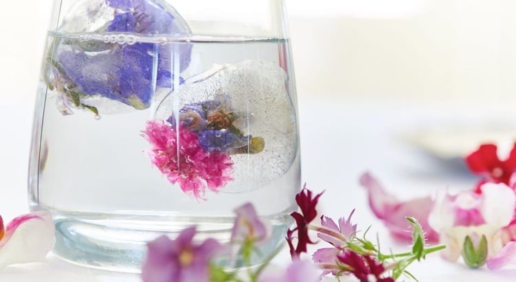 Eiswürfeln mit Blumen in der Vase arrangieren Dekoideen für den Sommer