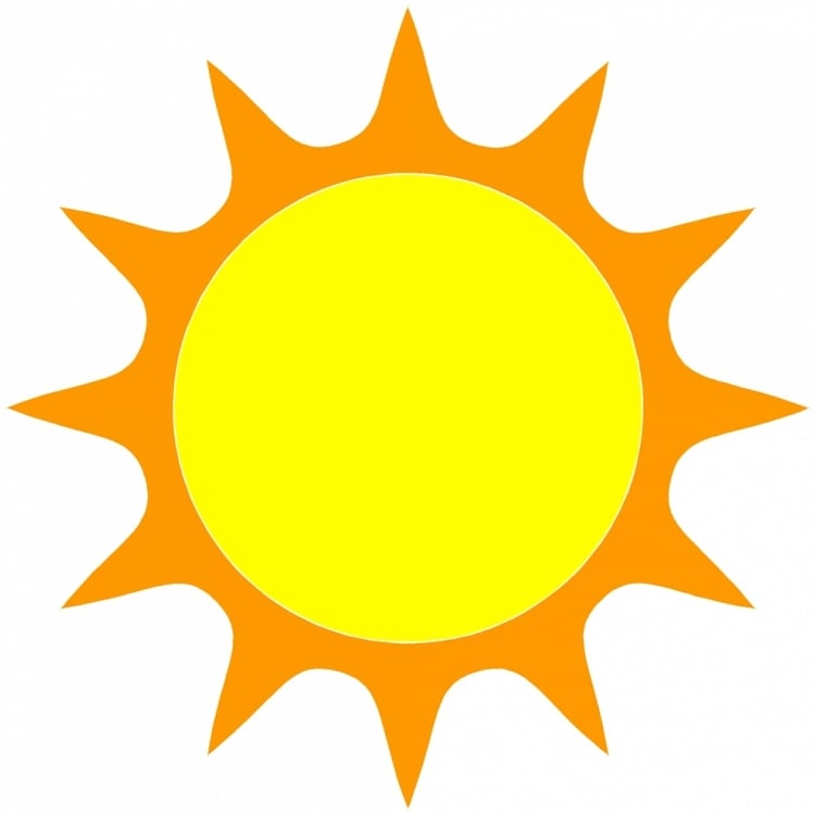 Fröhliche Sonne in Gelb und Orange mit Sonnenstrahlen - Druckvorlage für Aufbügler