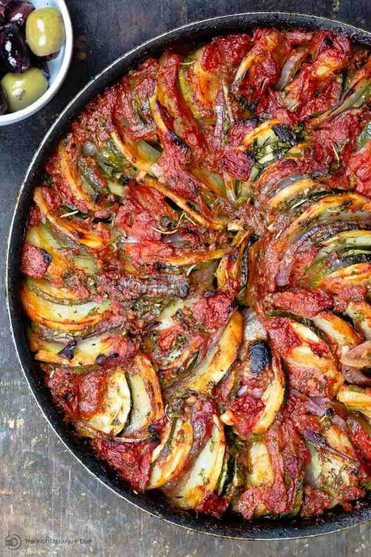 Greek baked vegetables recipe with zucchini, potatoes and rosemary