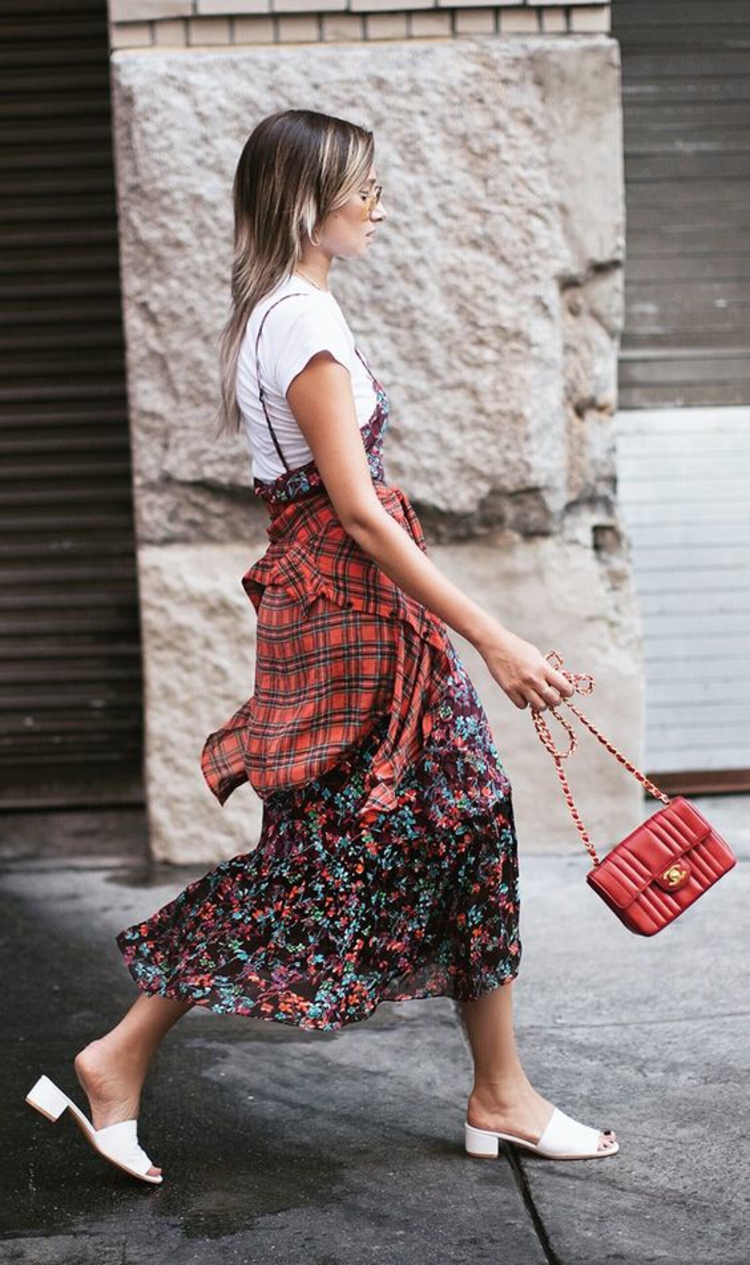 Kleid mit Blumenmuster kombinieren Pantoletten Trends 2020