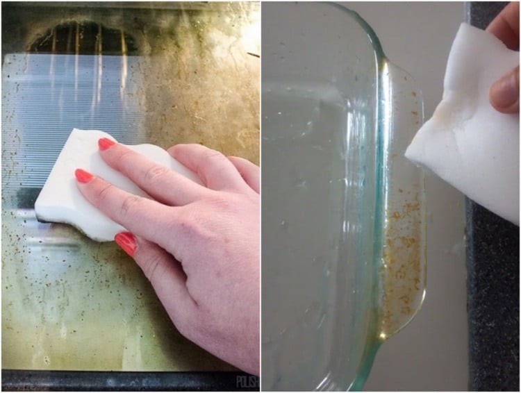 Schmutzradierer gegen Eingebranntes auf Glas Ofenscheibe