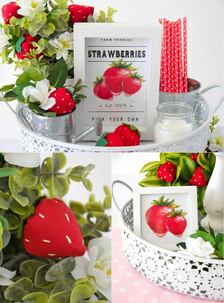 Sommerdeko Etagere mit Erdbeeren aus Filz basteln Vintage Deko