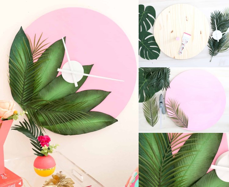 Sommerdeko Pink Wanduhr selber machen und mit Farnen dekorieren