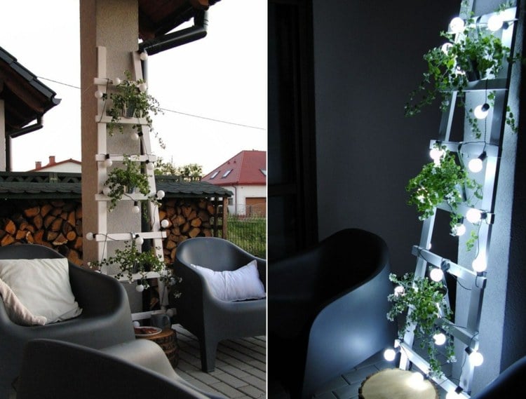 Sommerdeko aussen - Moderne, weiße Leiter mit Pflanzen und Lichterkette