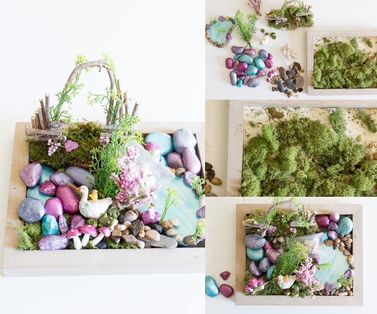 Sommerdeko basteln Idee mit Naturmaterialien im Holz Bilderrahmen Minigarten für Esstisch