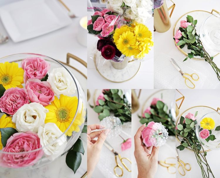 Sommerdeko mit Rosen in runder Vase selber machen Schritt für Schritt Anleitung