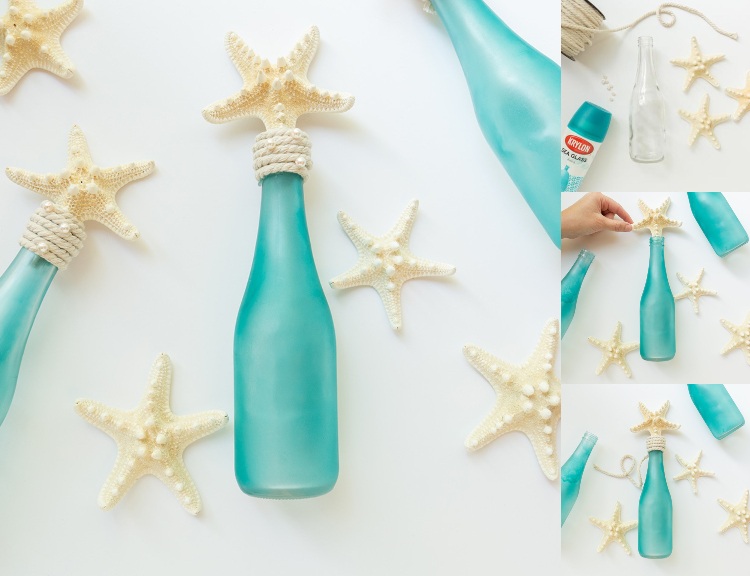 Sommerdeko vintage Weinflasche färben und mit Seesternen und Perlen dekorieren
