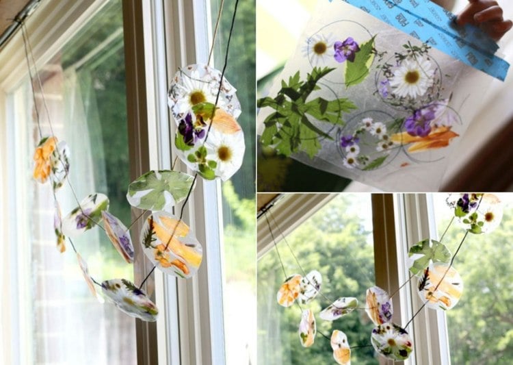 Sommerliche Fensterdekoration mit Naturmaterialien - Blätter und Blüten in selbstklebender Folie