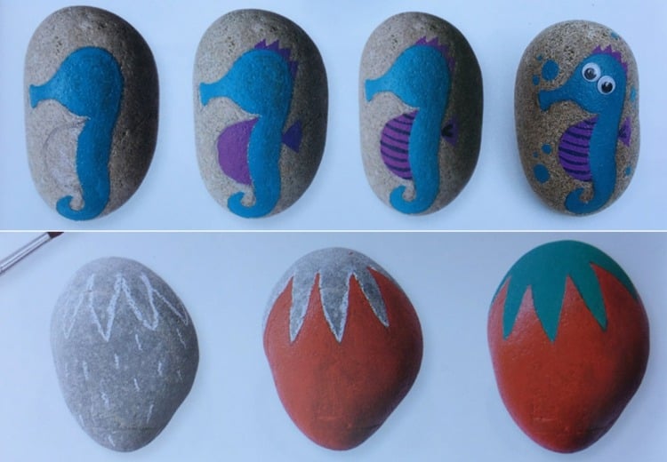 Steine bemalen Anleitungen für Kinder und Erwachsene - Seepferdchen und Erdbeere
