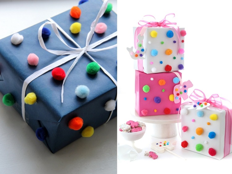 Verpackung basteln mit Bommeln in bunten Farben für Fasching und Geburtstag