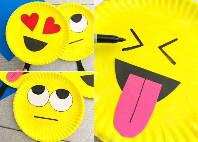 Witzige Masken zum Spielen aus Papptellern - Smileys aus Papier selber machen