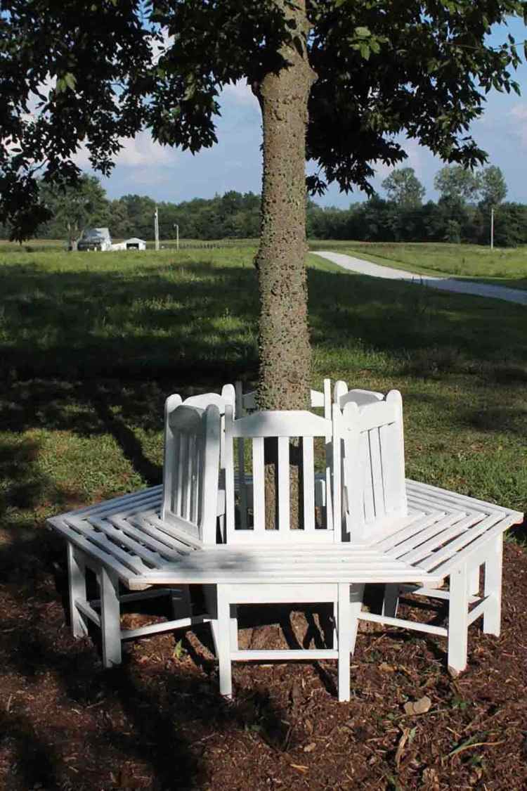 Paint old chairs in white and use them as a basis for garden bench upcycling ideas to arrange the tree