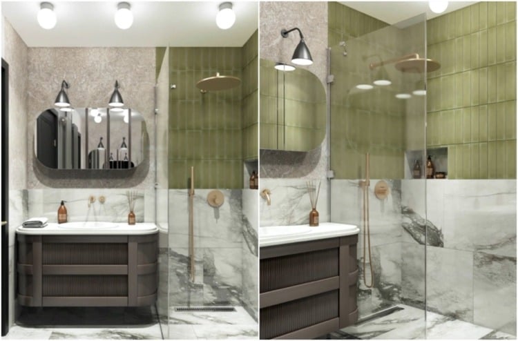 badezimmer 70er jahre grün mit grauen marmorfliesen und messing armaturenn kombiniert