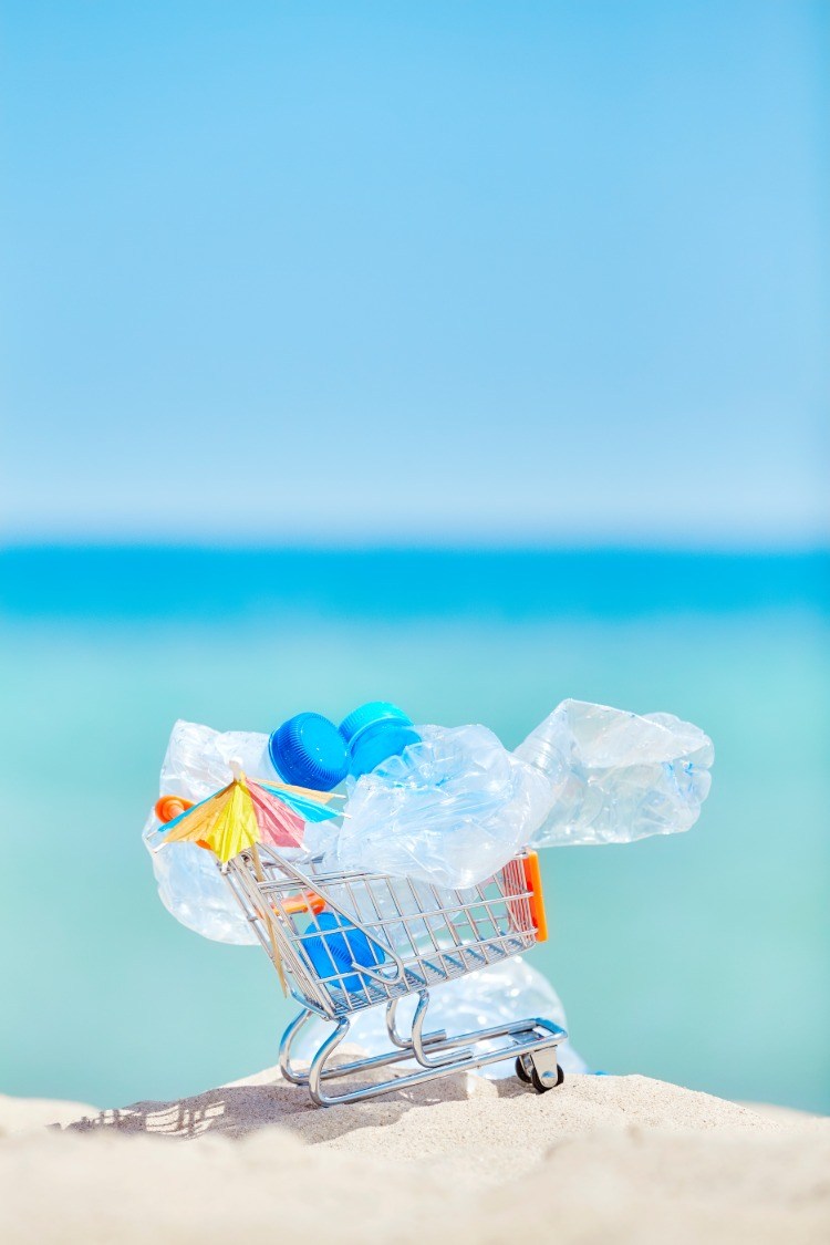 einkaufswagen mit plastikflaschen als abfall im meer symbolisieren