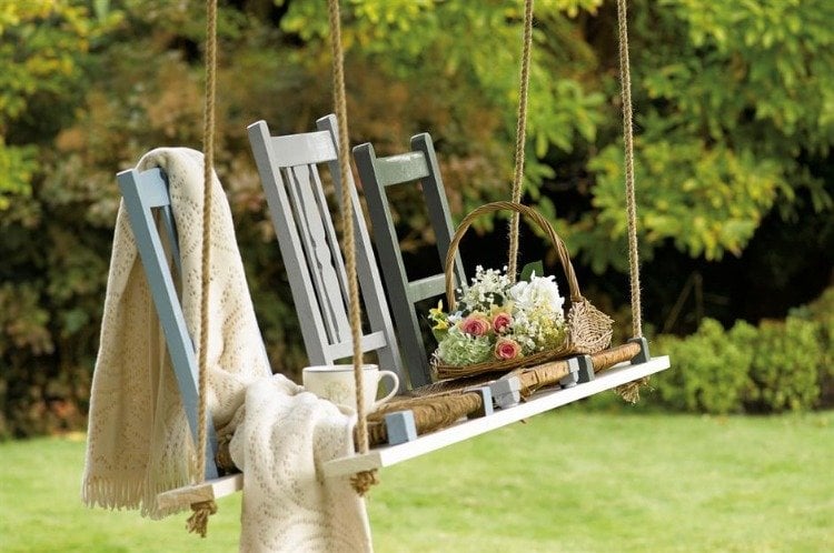 garden swing upcycling ideas beautifully decorated with armrests of old chairs and natural rope