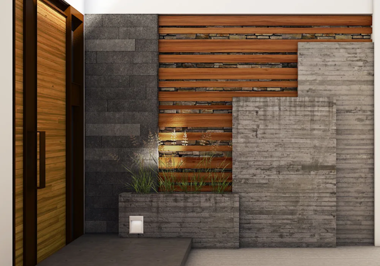 moderne und stilvolle mauer zaun kombination aus beton holz und naturstein für innenhof
