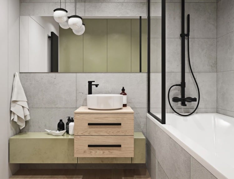 modernes badezimmer mit 70er jahre grün als akzent beim unterschrank