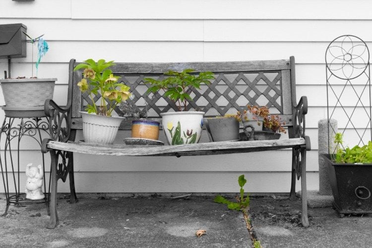 Rustic old bench with flower pots about to break