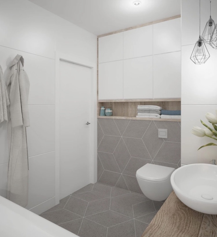 schrank und nische hinter wc modernes bad in weiß und grau mit holz