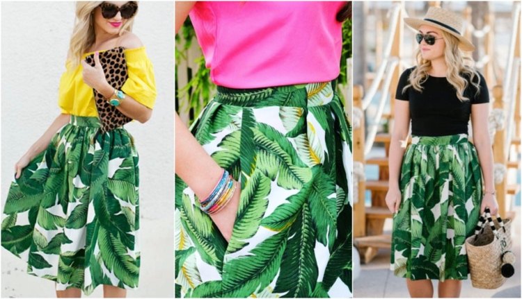 Casual chic summer outfit with a solid color top and an A-skirt with a banana leaf pattern
