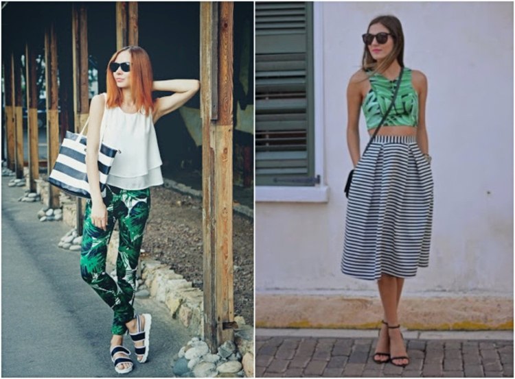 Casual summer outfit tropical pattern combined with black and white stripes