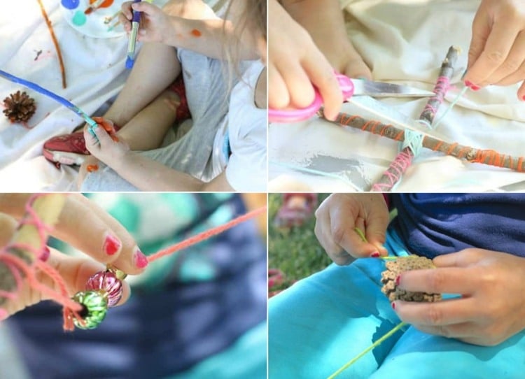 DIY Idee für Kinder - Zweige bemalen und mit Garn gestalten für ein Zapfen-Mobile