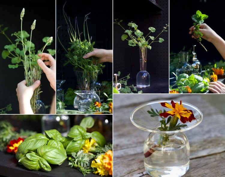 Gartentisch Deko mit Blumen und Kräutern gegen Mücken und andere Insekten