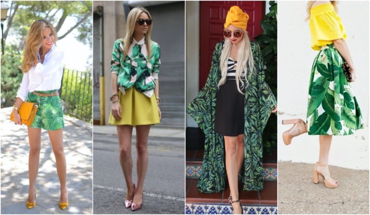 Grüne tropische Blätter mit Gelb im Sommer Outfit kombinieren
