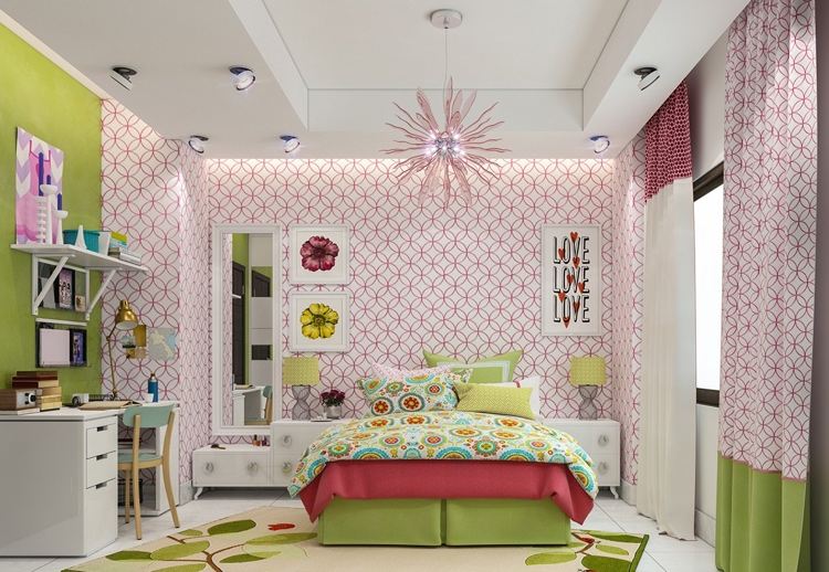 Kinderzimmer grün pink gestalten Ideen für Mädchenzimmer mit Tapeten und Wandfarbe