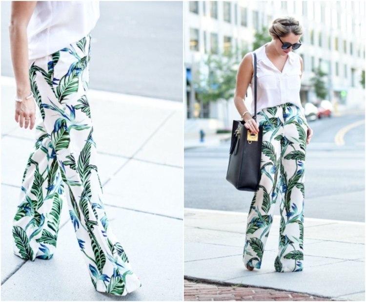 Summer outfit ladies for the office wide trousers with palm tree pattern and white sleeveless shirt