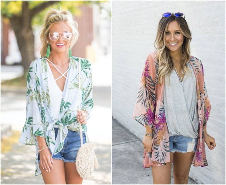 Sommer Outfit Ideen für den Urlaub Jeans Shorts und Kimono im Tropen Look