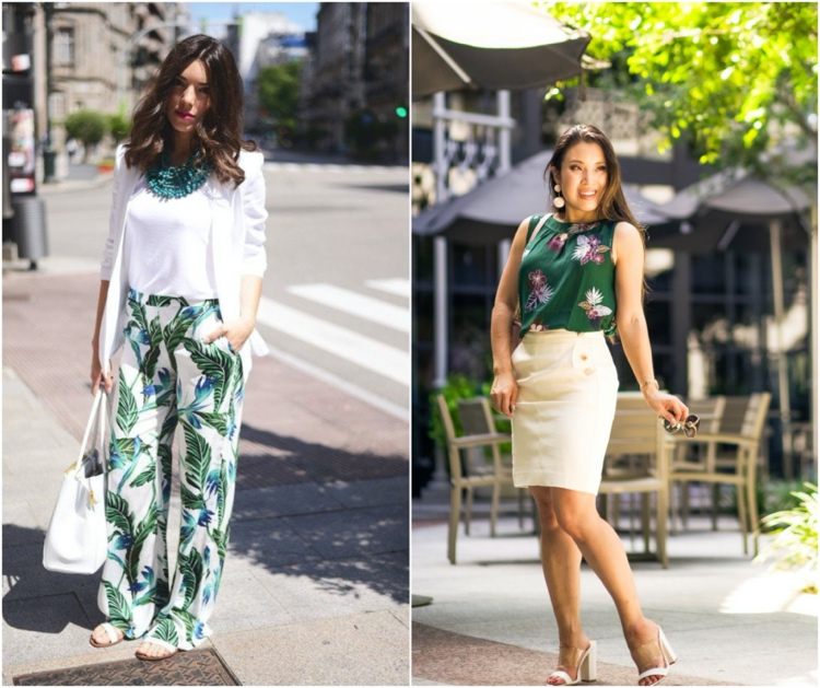 Summer outfit for the office Business look in white and ecru with tropical prints as accent