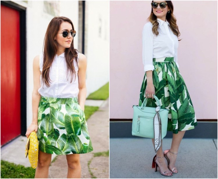 Summer outfit for the office white top and tropical patterned skirt with A-line