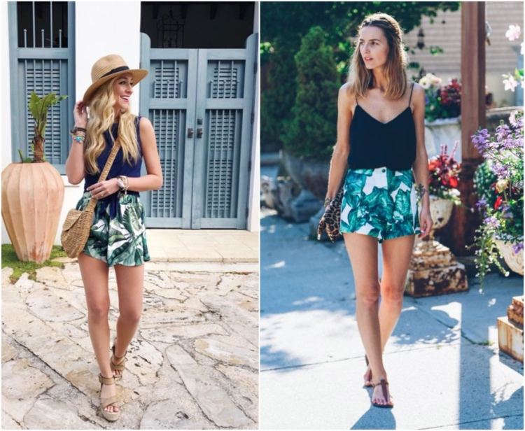 Summer outfit casual with skorts in a tropical look and a plain colored cami