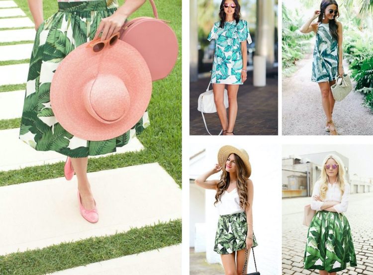 Summer outfits with fresh prints of green tropical leaves