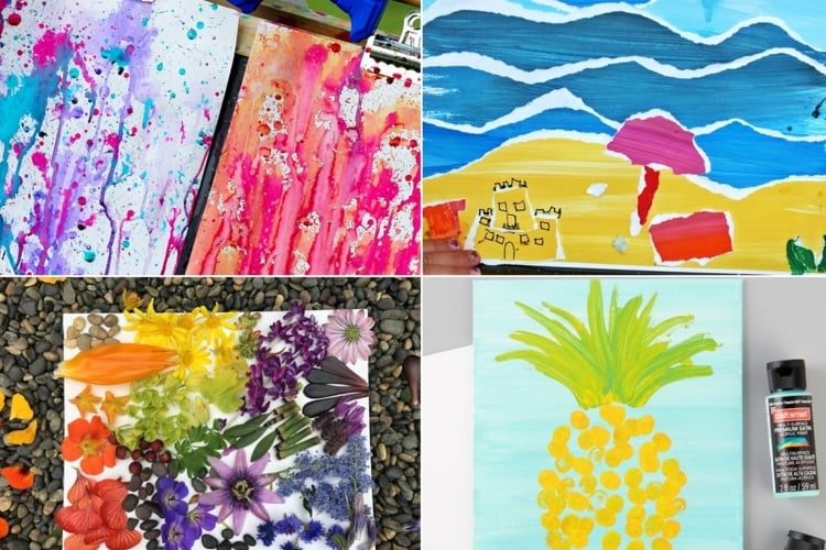 Sommerbilder mit Kindern gestalten mit Farben, Papierschnipseln und Naturmaterialien
