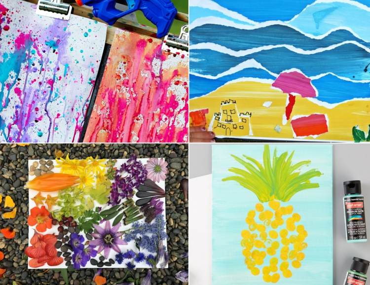 Designing summer pictures with children with colors, scraps of paper and natural materials