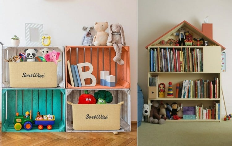 Stauraum im Kinderzimmer für Bücher mit Holzkisten oder einem Regal in Hausform