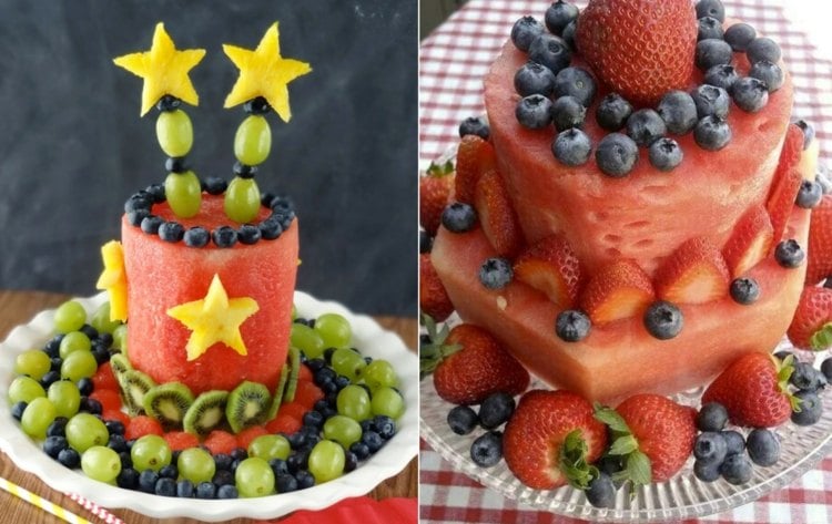 Torte nur aus Obst - Ideen für die Dekoration mit Früchten und Spießen