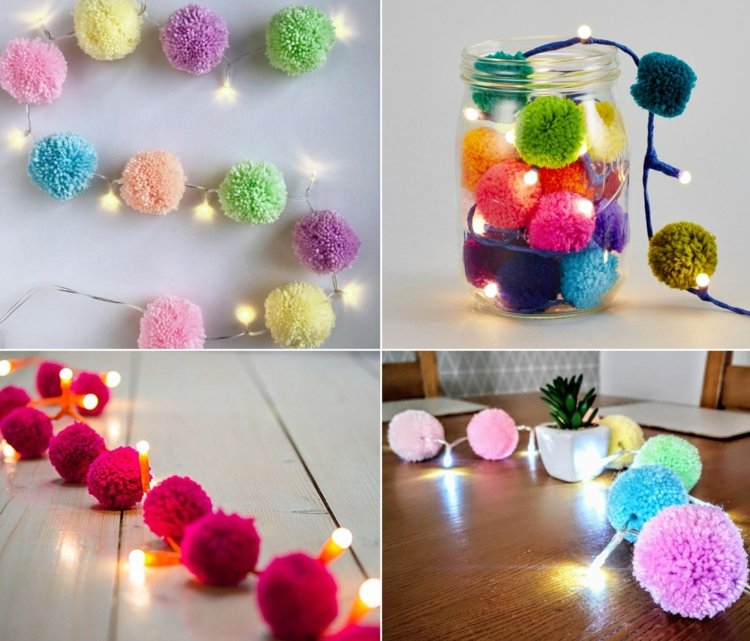 Verspielte Lichterkette mit bunten Bommeln als dekorative Beleuchtung