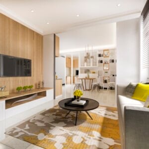 Wandpaneele aus hellem Holz eignen sich perfekt fürs moderne Wohnzimmer