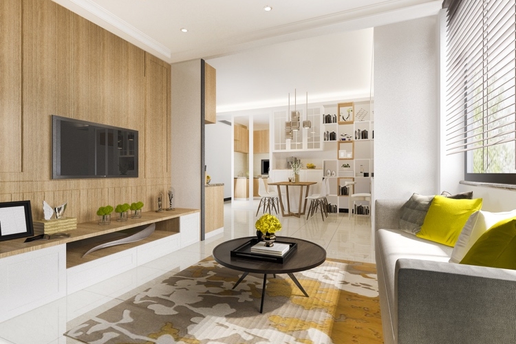 Wandpaneele aus hellem Holz eignen sich perfekt fürs moderne Wohnzimmer