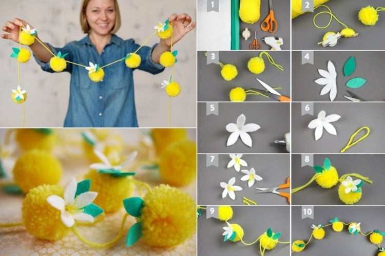 Zitronen Bommel Girlande basteln - Hübsche DIY Sommerdeko